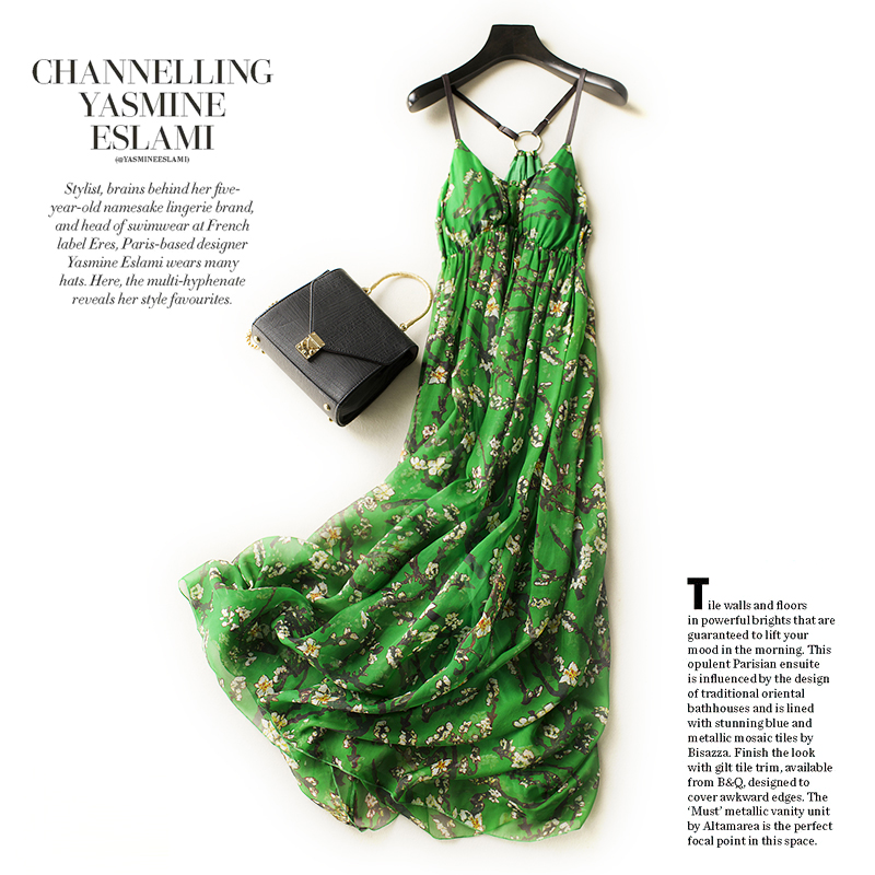 Women 100 Silk dress Beach dress 100% Natural Silk Green Printed dress Holiday summer dresses